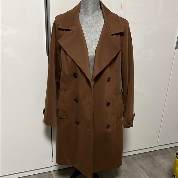 PINK TARTAN NWOT Double-Breasted Brown Trench Coat Lined, Size L - Picture 10 of 11